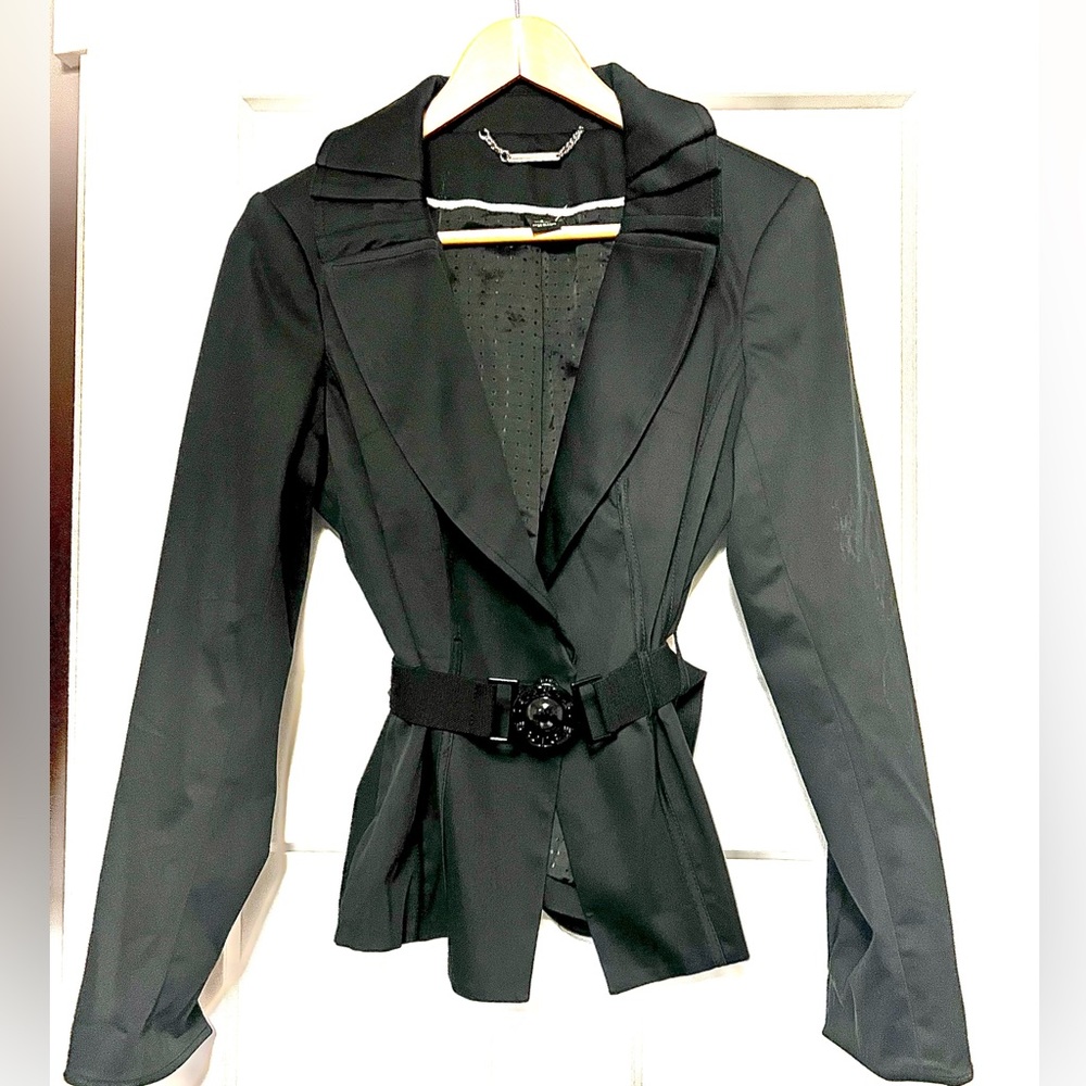 WHBM satin belted blazer, ruffle lapel detail, sz 8